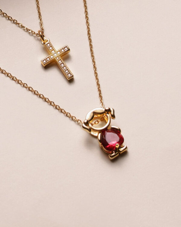 TWIN 14 CT GOLD NECKLACES WITH 14 CT BIRTHSTONE PENDANT AND 14 CT DIAMOND CROSS PENDANT - Image 2