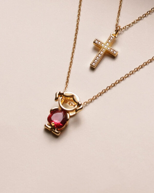 TWIN 14 CT GOLD NECKLACES WITH 14 CT BIRTHSTONE PENDANT AND 14 CT DIAMOND CROSS PENDANT - Image 3