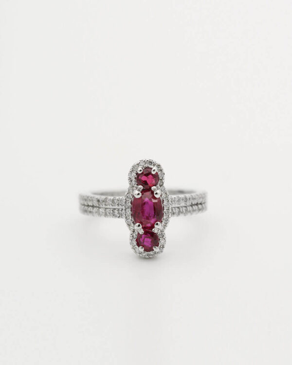 14CT white gold 3 piece ruby ring with 2ct Diamond Accents